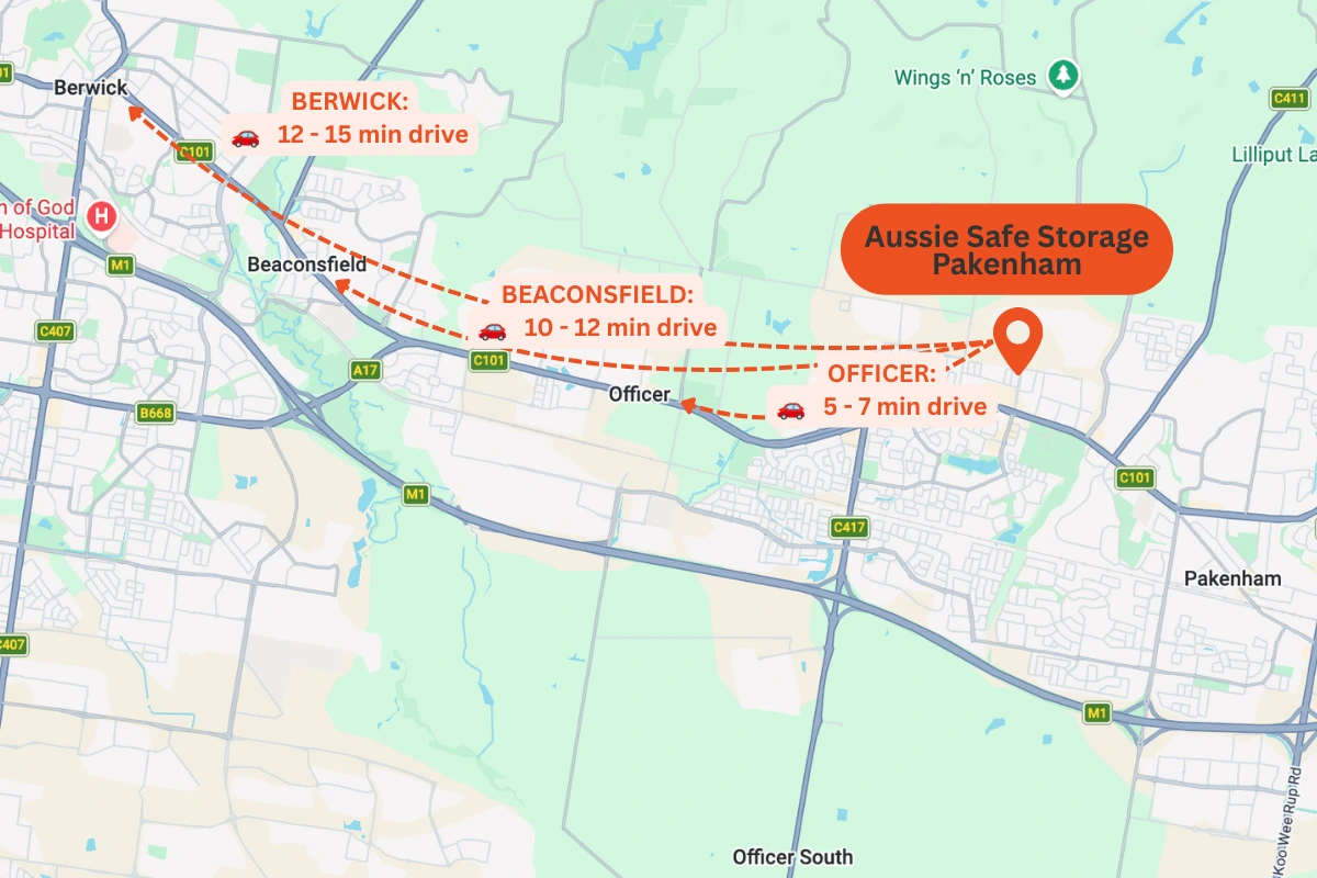 Map showing drive times to Aussie Safe Storage in Pakenham from Officer, Beaconsfield and Berwick